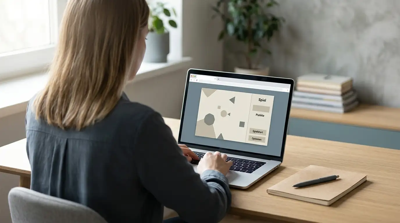Person am Laptop mit einer neutralen Spielseite im Browser und einem Notizbuch daneben