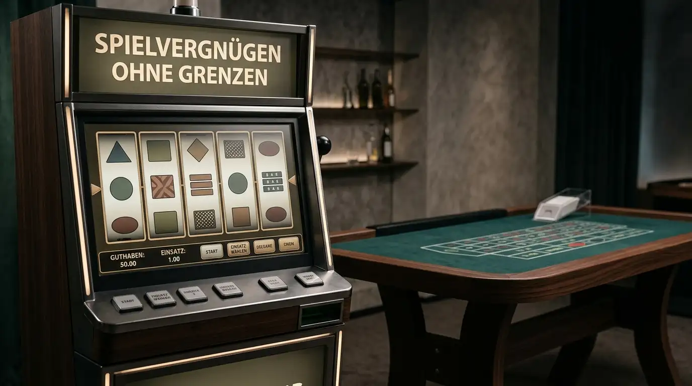 Generische Walzen eines Spielautomaten neben einem ruhigen Live-Tisch ohne Markenzeichen