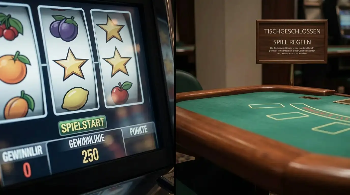 Generische Walzen eines Spielautomaten neben einem ruhigen Live-Tisch ohne Markenzeichen