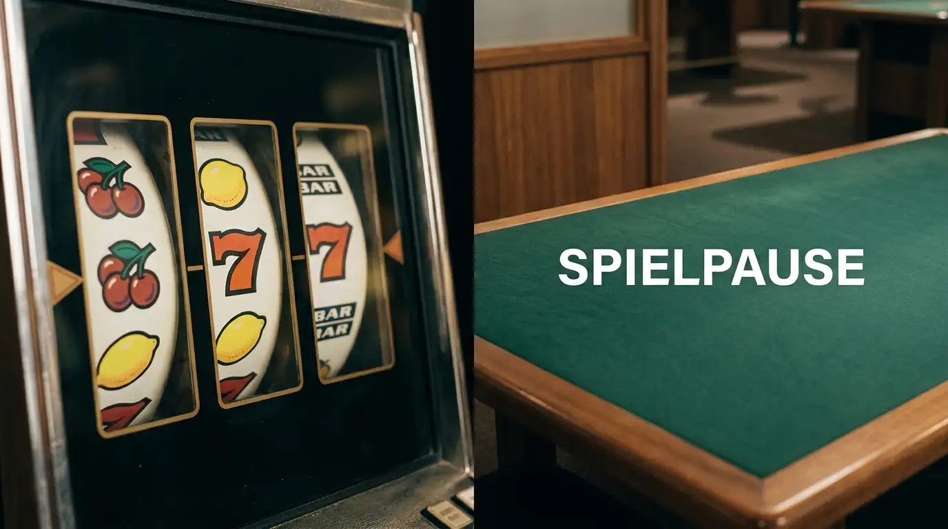 Generische Walzen eines Spielautomaten neben einem ruhigen Live-Tisch ohne Markenzeichen
