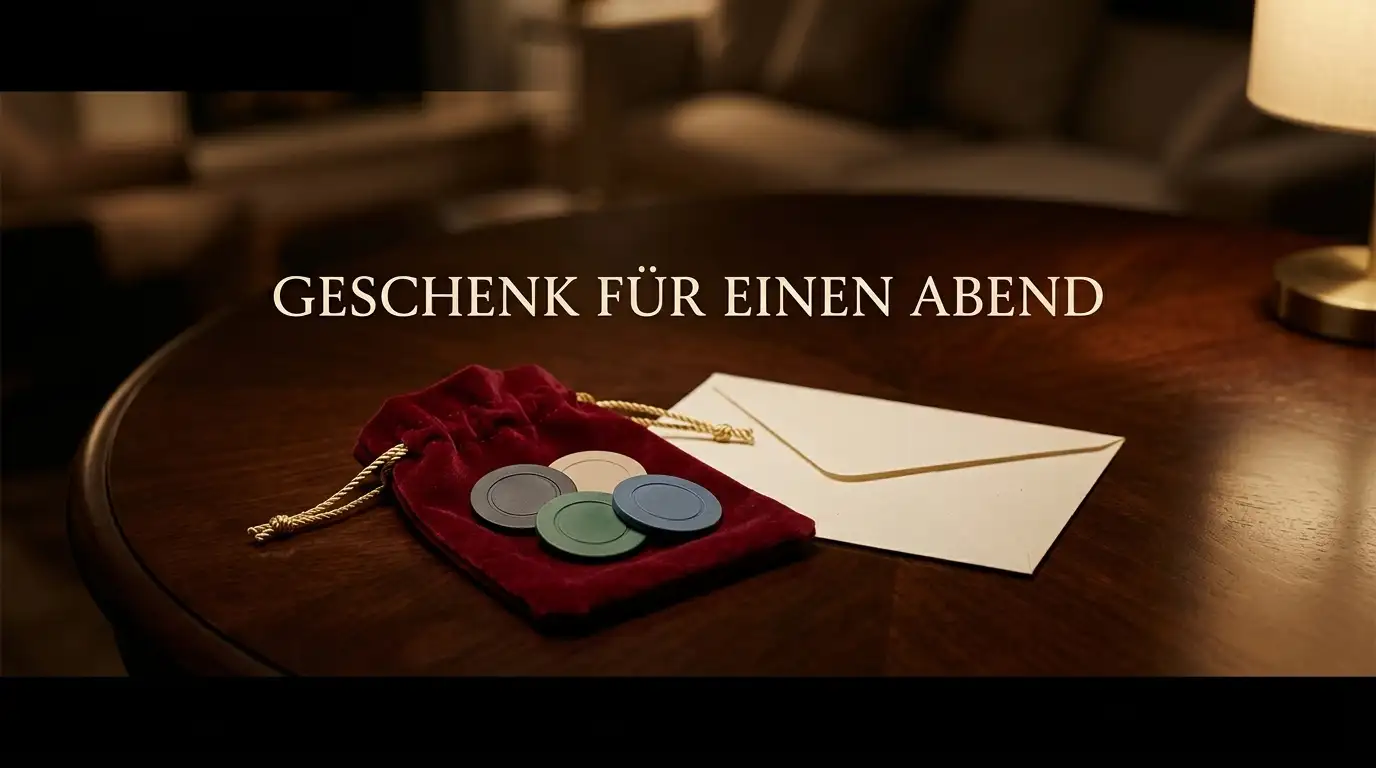 Roter Samtbeutel mit Spielchips und ein Geschenkumschlag auf dunklem Tisch