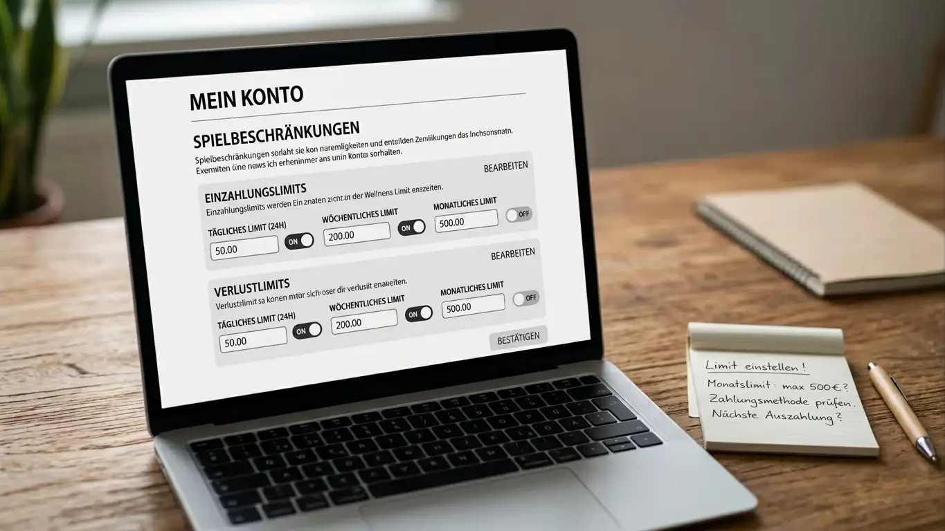 Laptop mit geöffneten Limit-Einstellungen in einer Casino-Lobby ohne Markenlogos