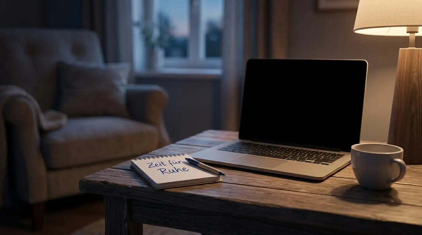 Ruhige Wohnzimmerszene mit Notizblock und Stift neben einem Laptop mit neutralem Interface