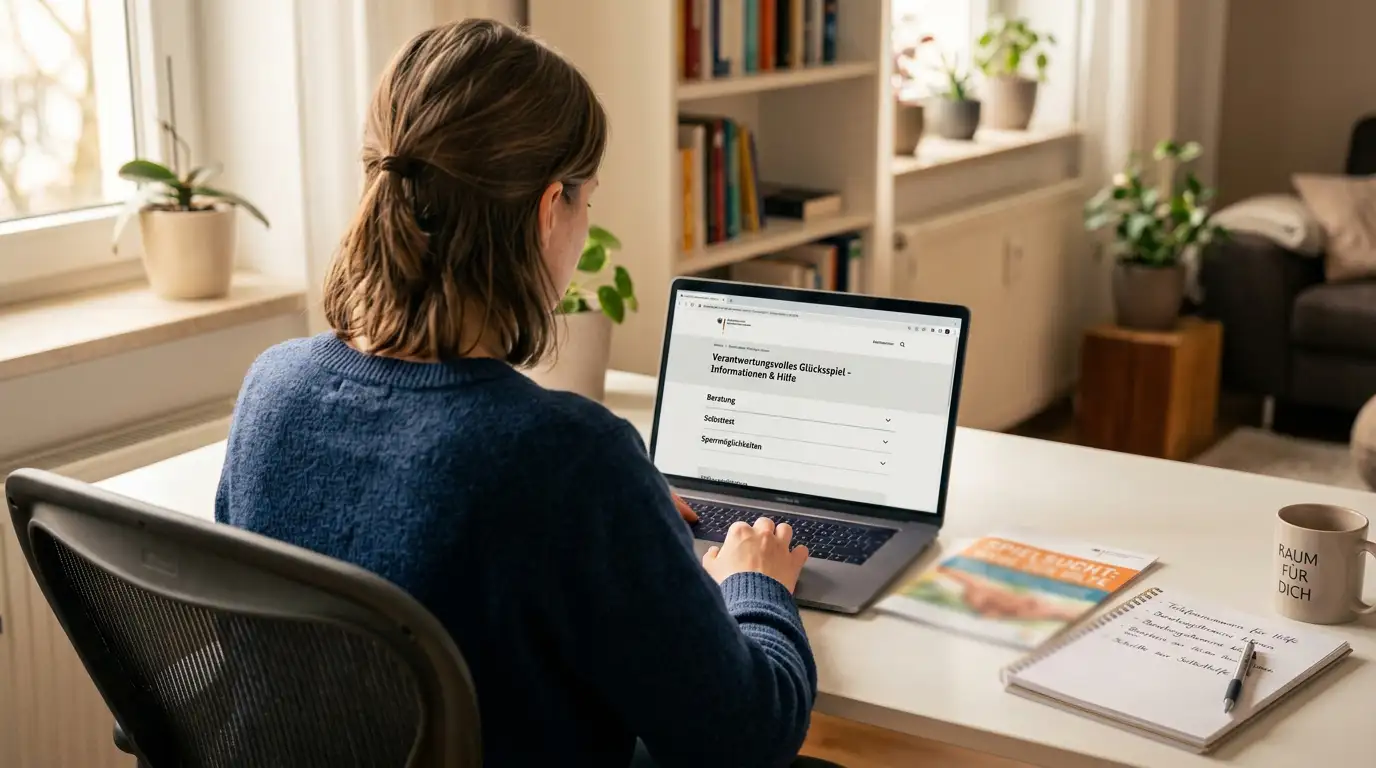 Person am Schreibtisch mit Laptop und Informationsbroschüre zu verantwortungsvollem Spielen