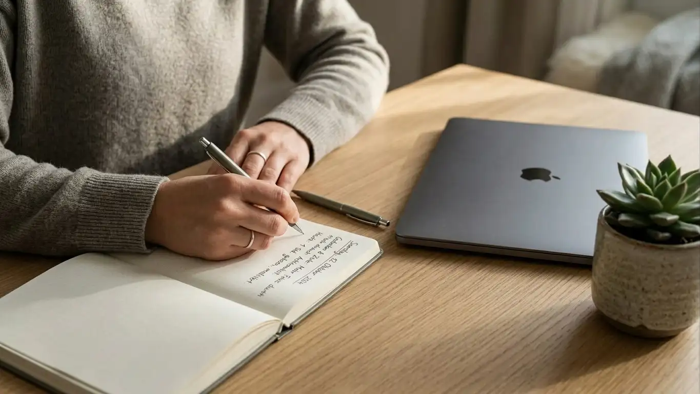 Hände beim Schreiben in Notizbuch auf aufgeräumtem Schreibtisch mit Laptop