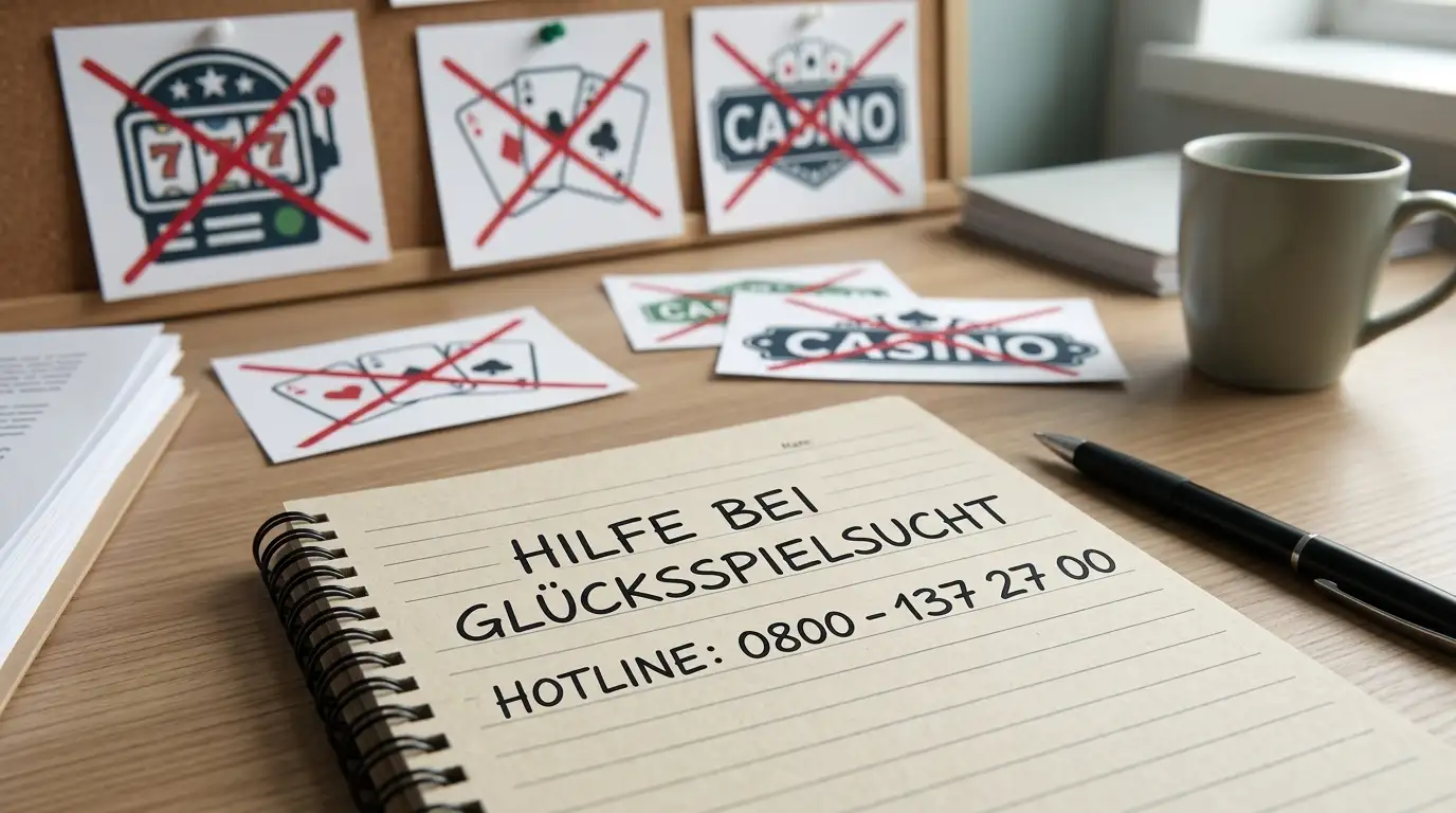Notizblock mit Helpline-Nummer und durchgestrichenen Casino-Logos