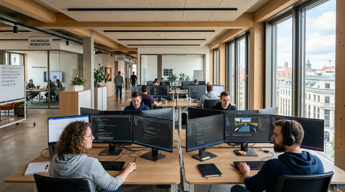 Modernes Gaming-Studio-Büro mit Entwickler-Arbeitsplätzen und Monitoren