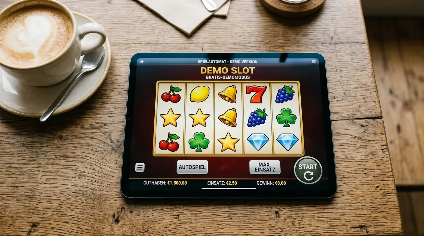 Tablet auf einem Holztisch zeigt einen generischen Spielautomaten im Spielgeldmodus mit virtuellem Guthaben