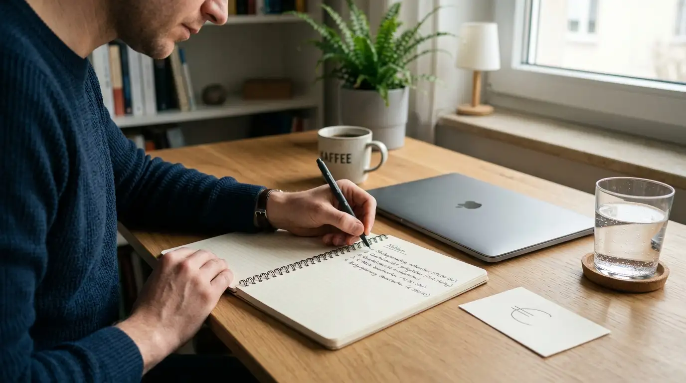 Person notiert mit Stift und Notizblock an einem aufgeräumten Schreibtisch die monatlichen Einzahlungsgrenzen