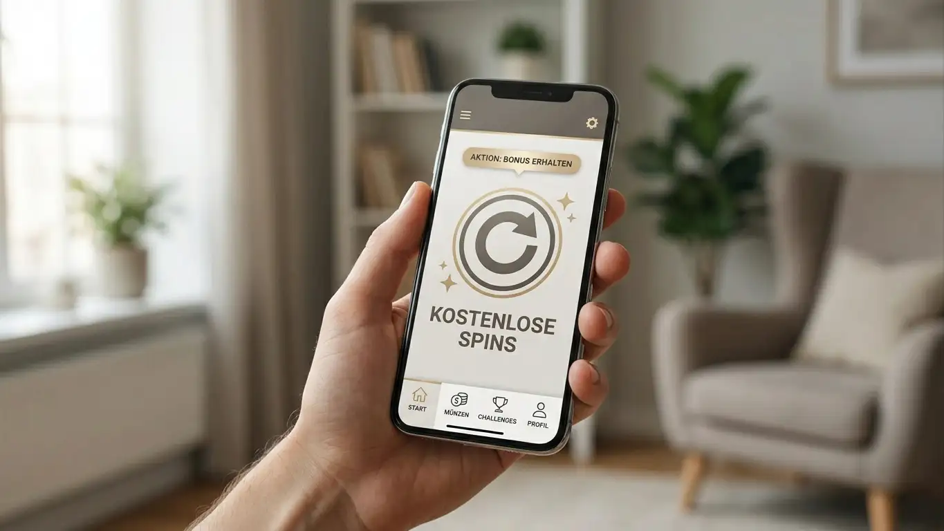 Hand hält ein Smartphone mit einer neutralen Casino-App-Oberfläche und einem Freispiel-Symbol auf dem Display