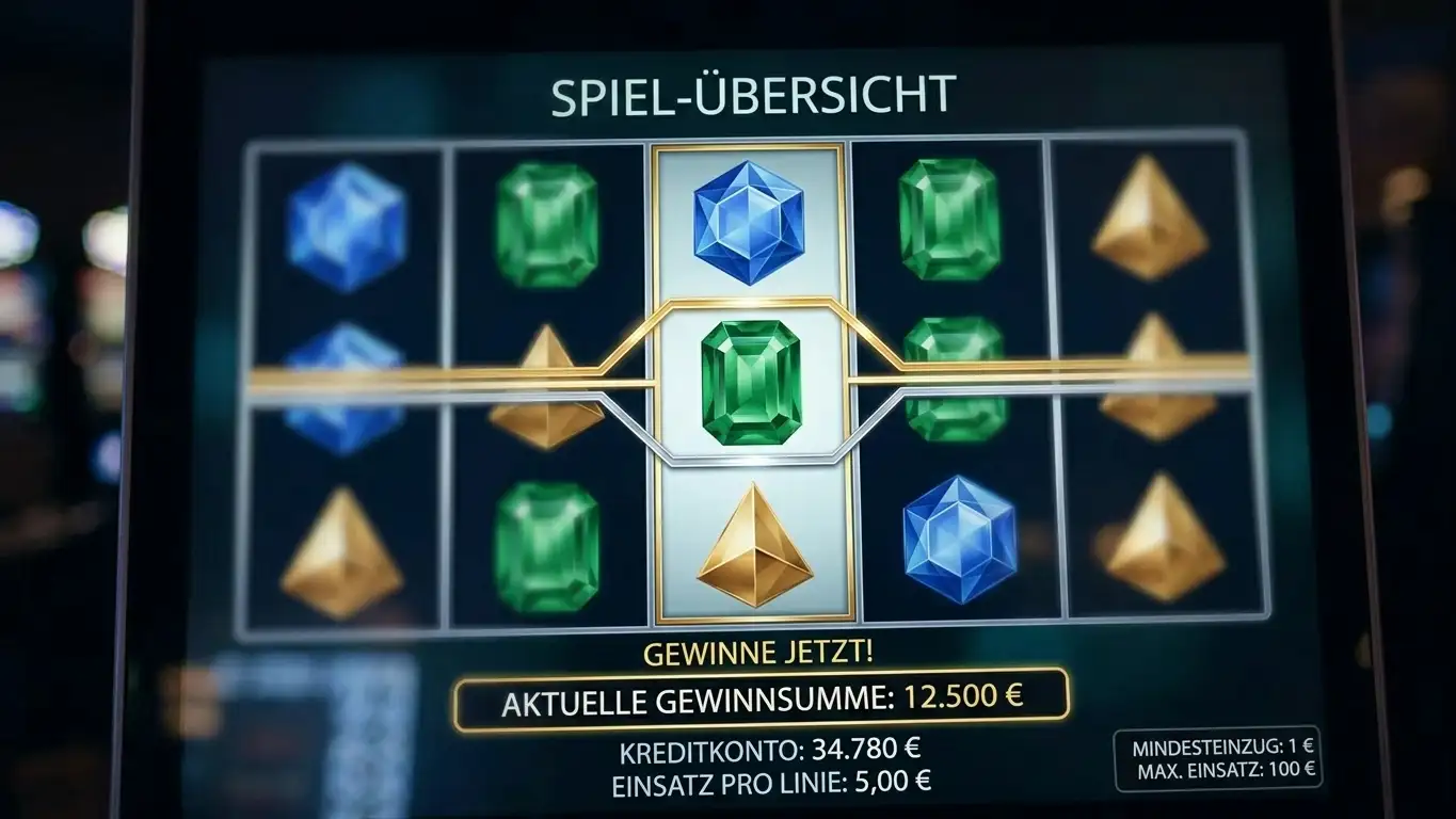 Nahaufnahme eines generischen Spielautomaten mit fünf leuchtenden Walzen und neutralen geometrischen Symbolen