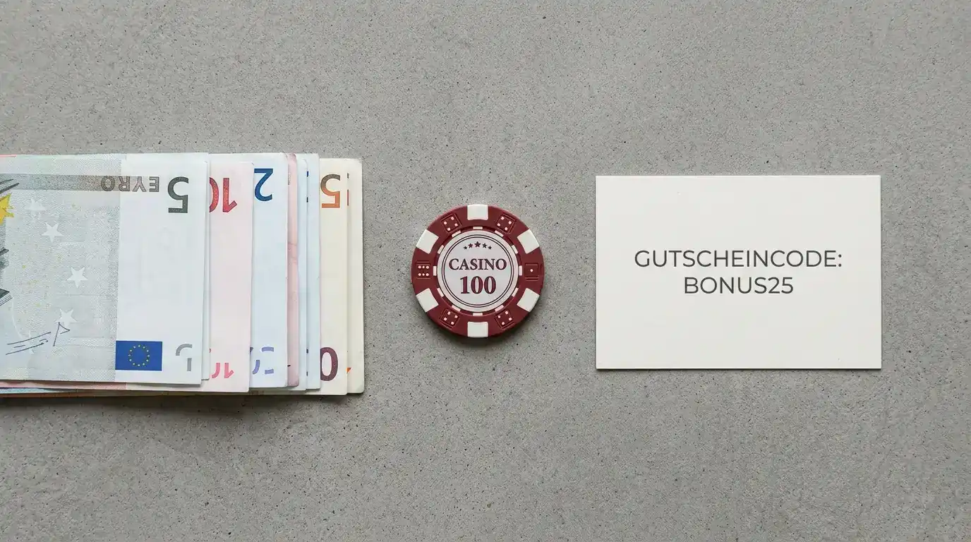 Drei Varianten des Bonus nebeneinander: Bargeld-Symbol, Freispiel-Chip, Code-Karte, ruhige Anordnung