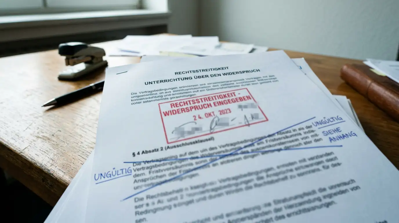 Gestempeltes Dokument mit Streitfall-Vermerk und durchgestrichener Rechtsweg-Klausel