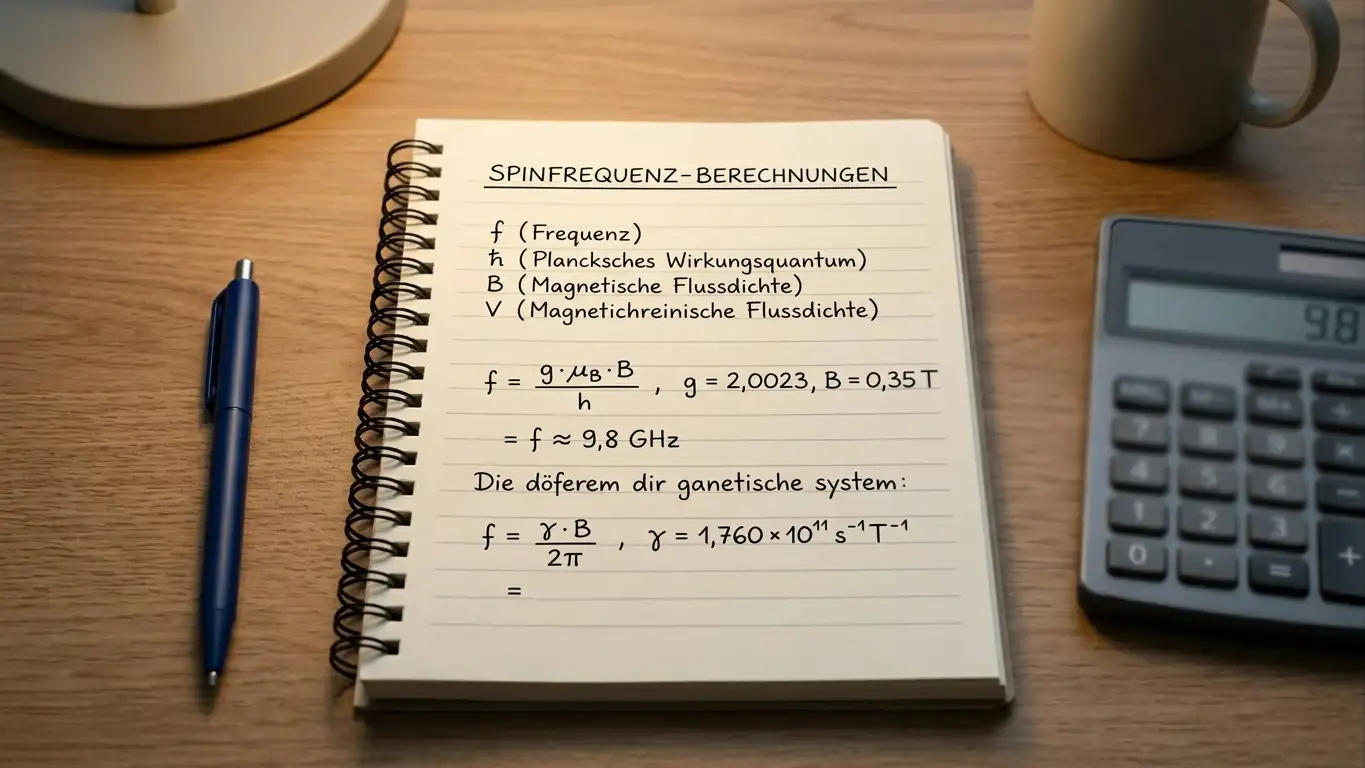 Taschenrechner und Notizblock mit Spin-Frequenz-Rechnung auf ruhigem Schreibtisch