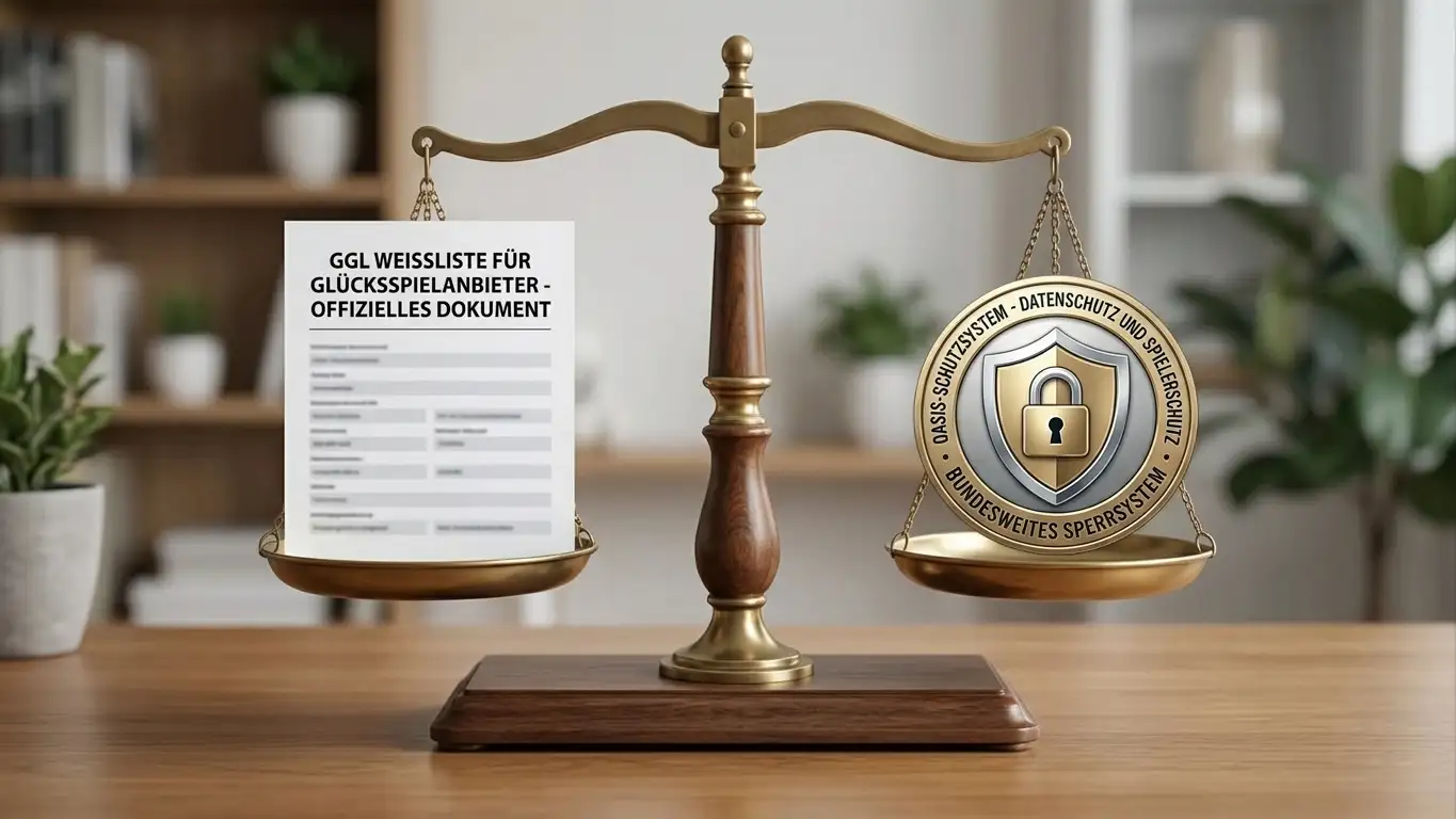 Waage mit GGL-Whitelist-Dokument auf einer Seite und OASIS-Sperr-Badge auf der anderen