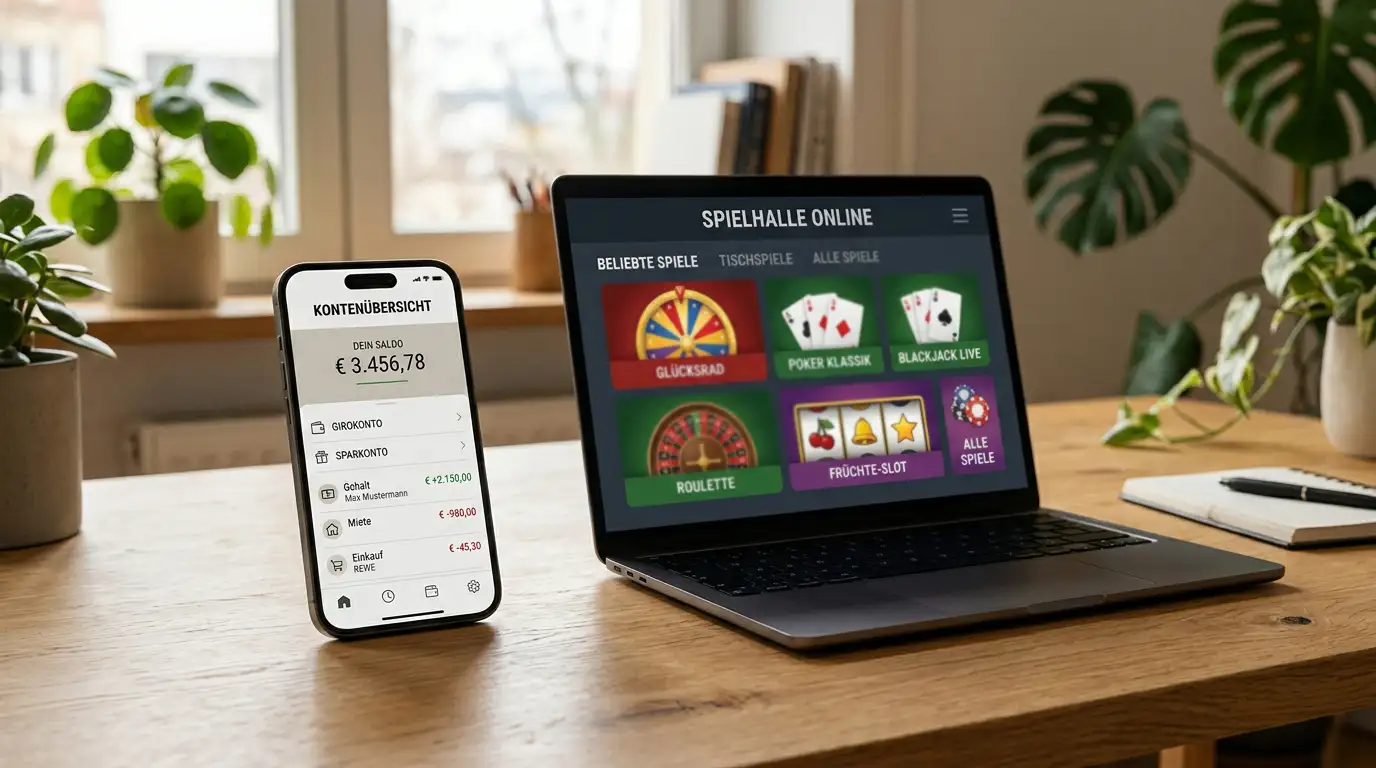 Smartphone mit Banking-App und Laptop mit Casino-Interface nebeneinander