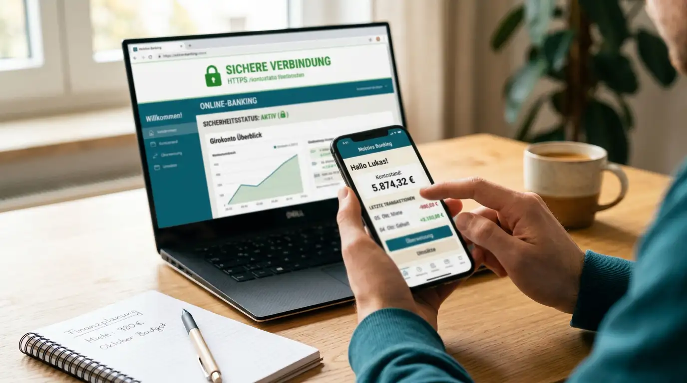 Trustly-Zahlung über Online-Banking auf Smartphone mit Laptop im Hintergrund