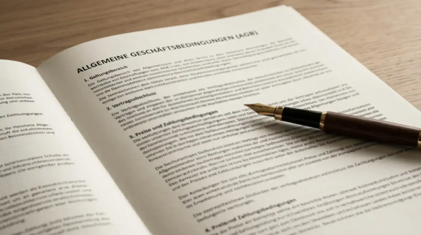 Aufgeschlagenes Dokument mit Bonusbedingungen und Stift auf einem ruhigen Schreibtisch