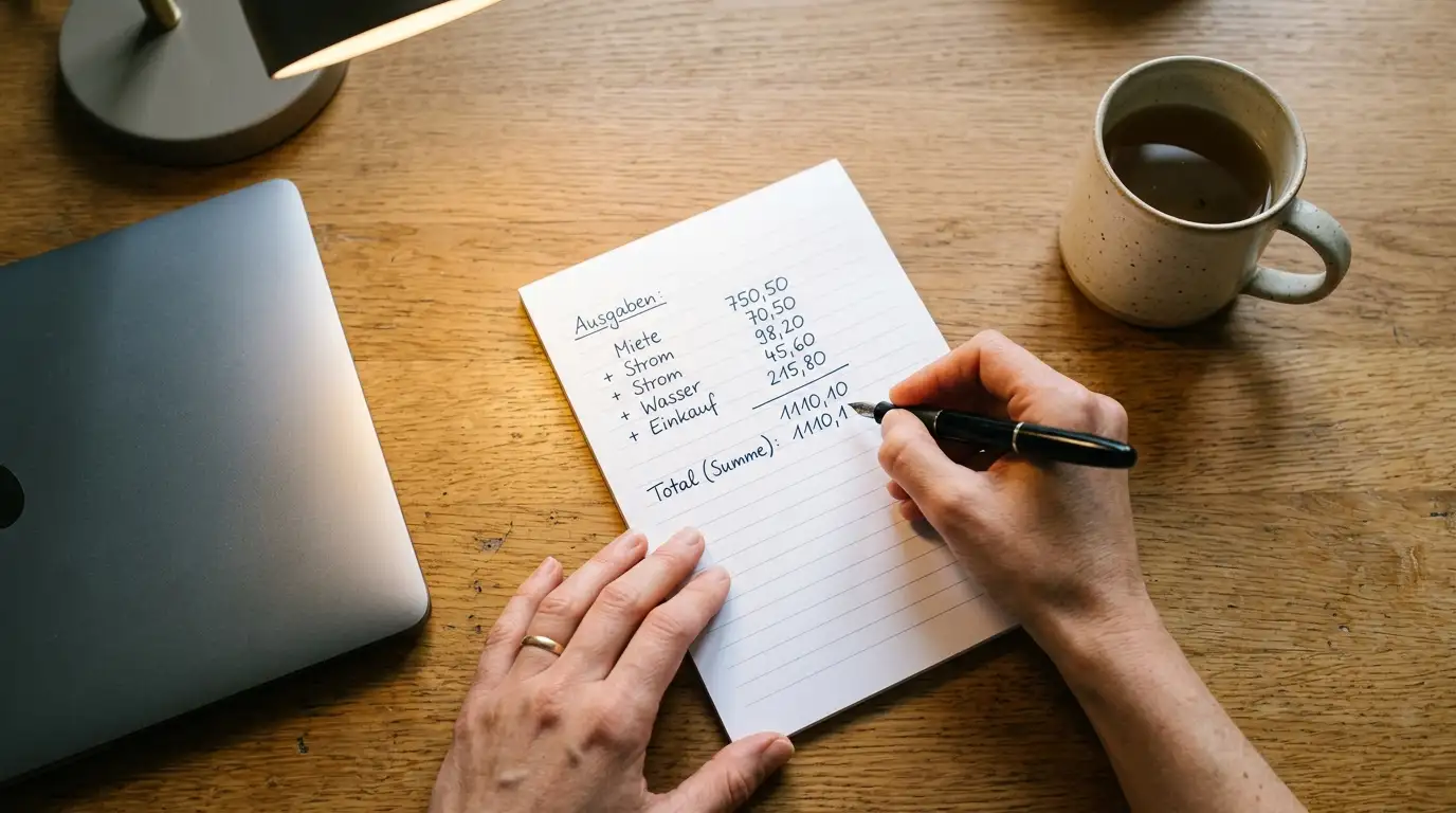 Person rechnet mit Stift auf Papier das Umsatzvolumen eines Bonus aus