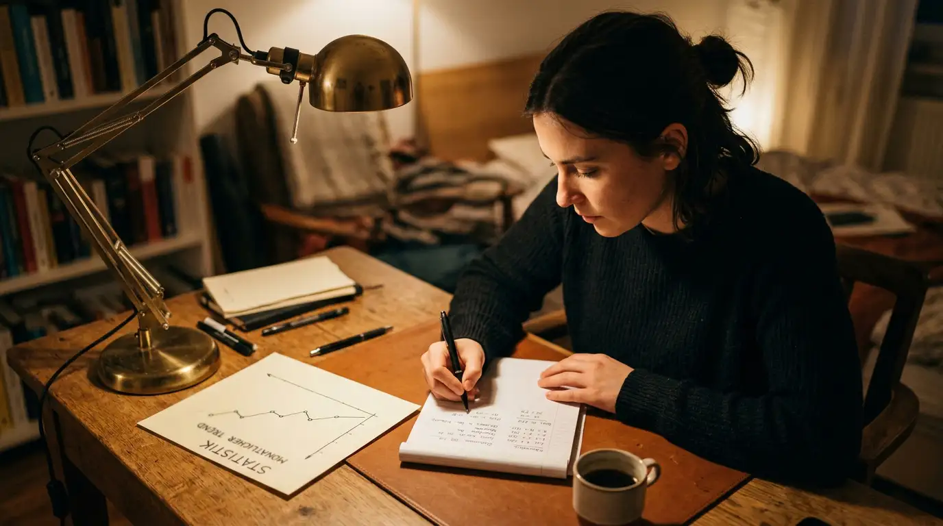 Person zählt mit Stift und Notizblock neben einer schlichten Kurve ohne Zahlen