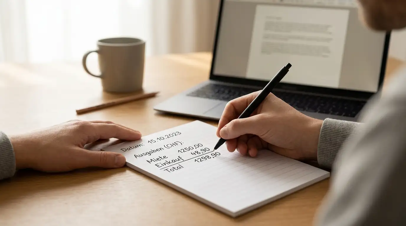 Person berechnet Umsatzbedingungen für einen Bonus mit Stift und Notizblock