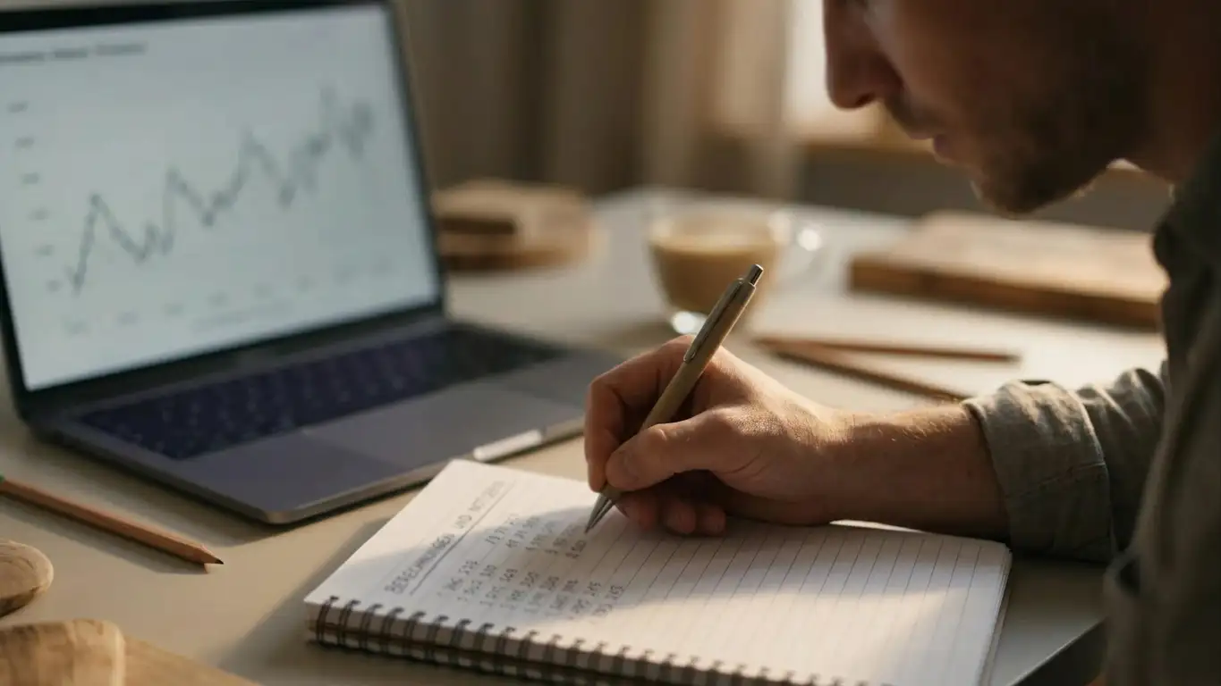 Person rechnet den tatsächlichen Restwert eines Willkommensbonus mit Stift und Notizblock aus