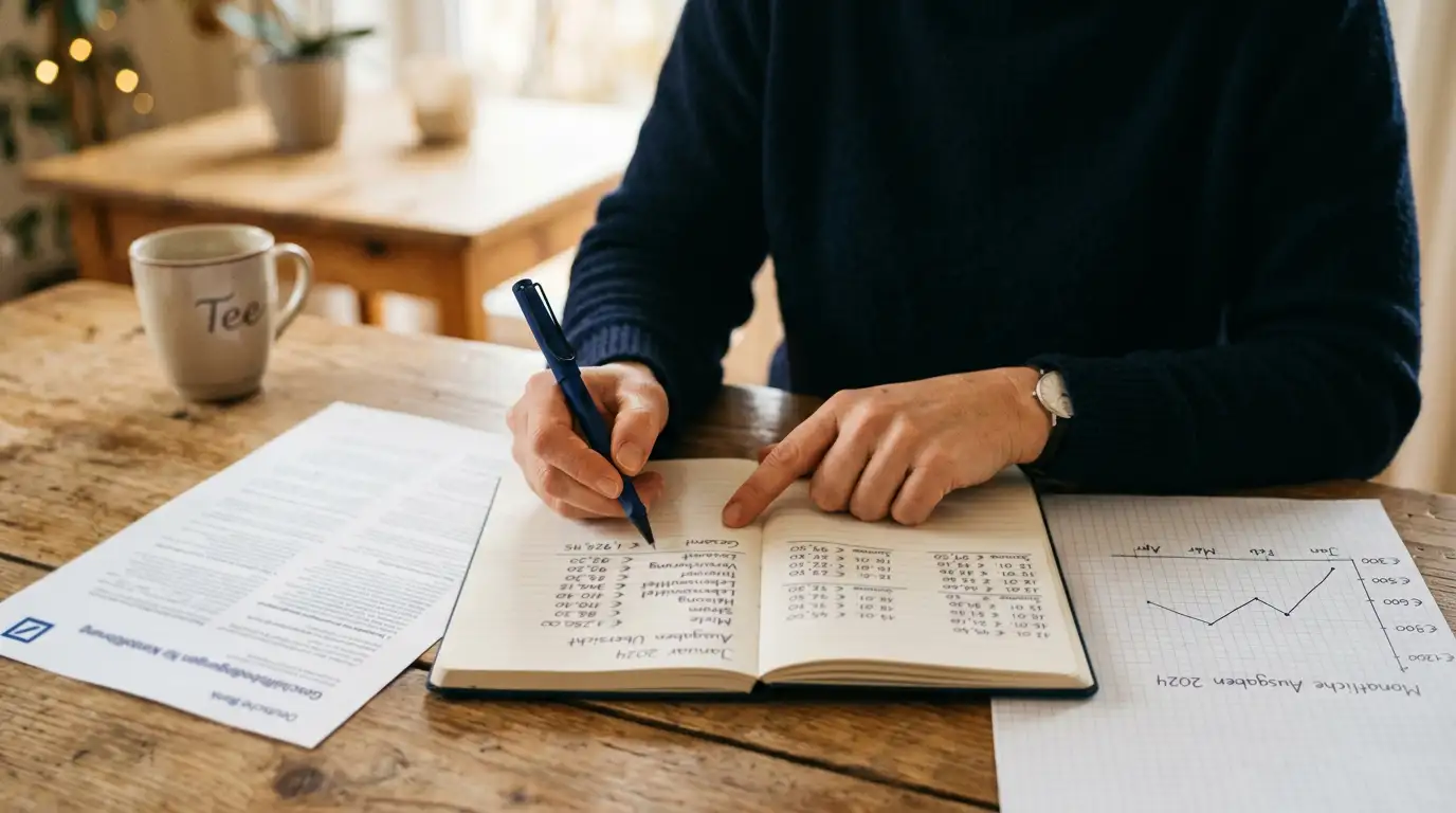 Handschriftliche Berechnung von Umsatz und Auszahlungsdeckel auf einem Notizblock