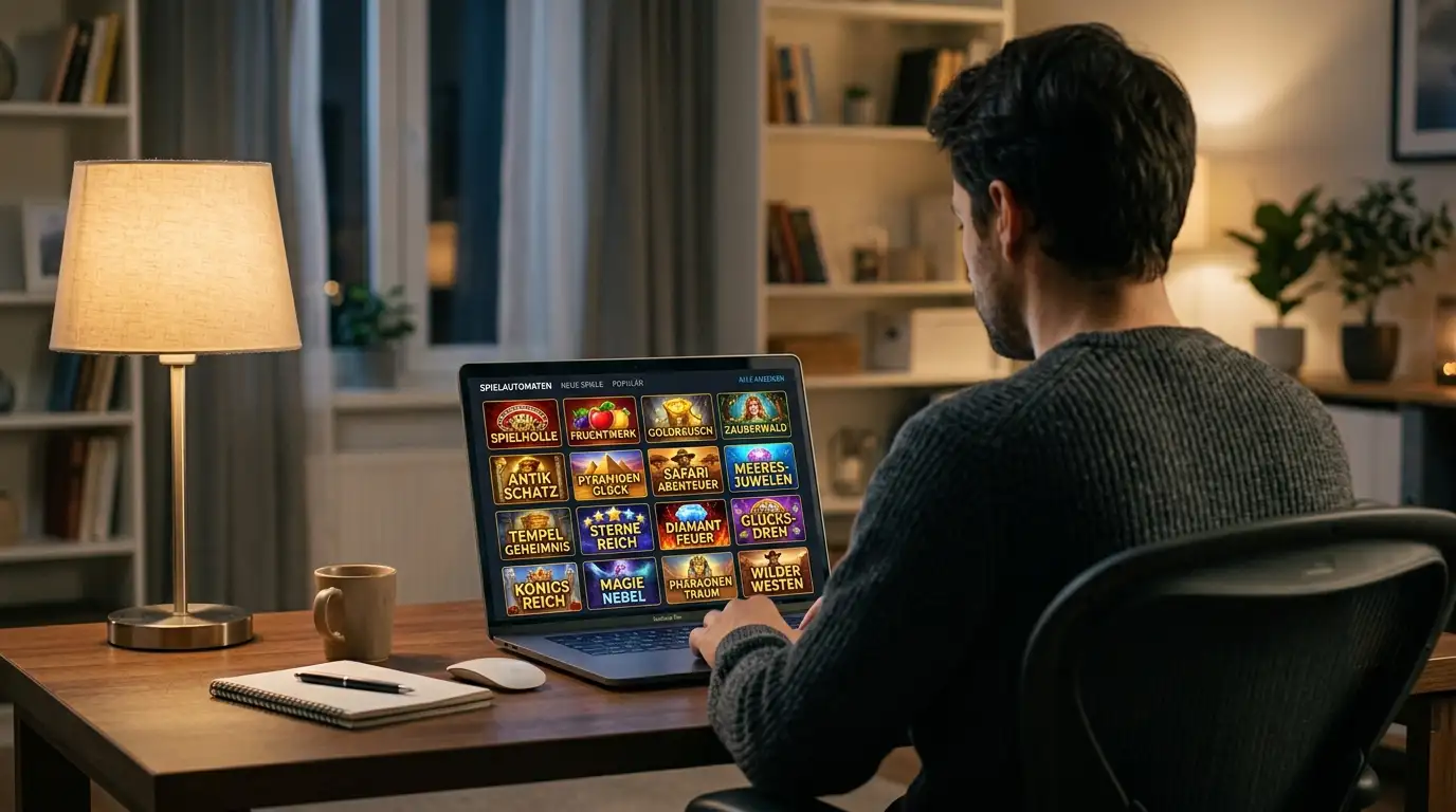 Laptop mit Casino-Spielauswahl ohne erkennbare Markenlogos