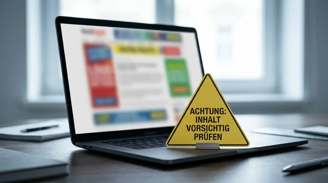 Warnschild-Symbolik neben einem Laptop mit unseriösem Werbebanner