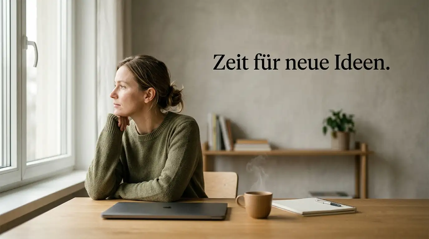 Person sitzt nachdenklich am Schreibtisch mit geschlossenem Laptop und einer Tasse Kaffee