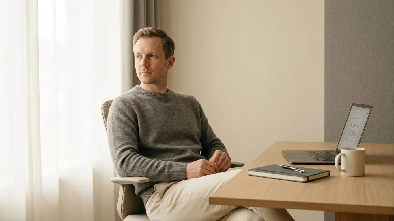 Ruhige Szene einer Person, die bewusst eine Spielpause einlegt und das Budget reflektiert