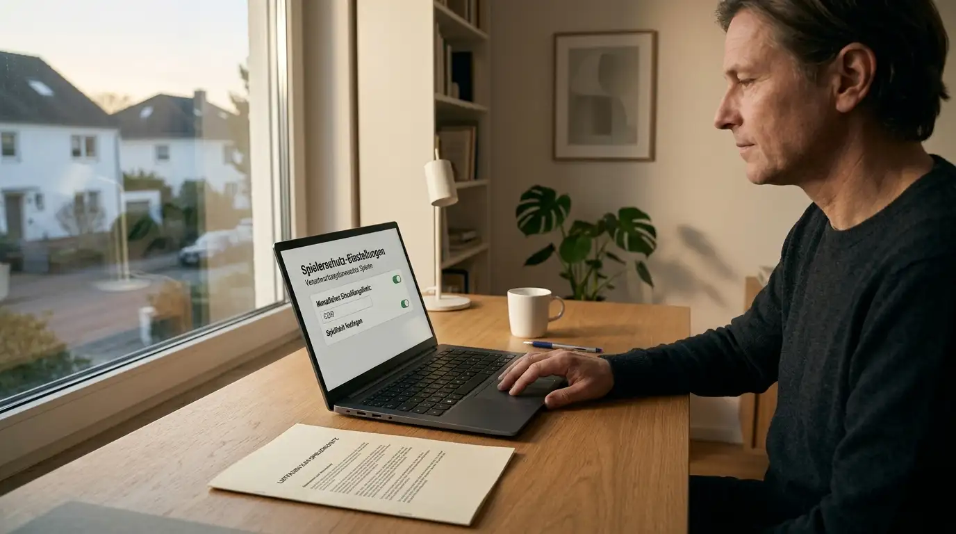 Person hält am Laptop inne und aktiviert eine Spielerschutz-Funktion