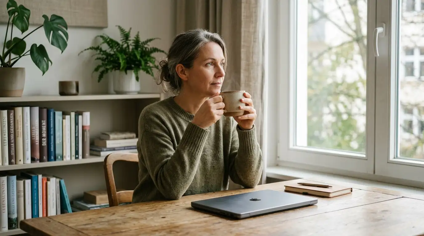 Person sitzt ruhig mit geschlossenem Laptop am Tisch und macht Pause vom Spiel
