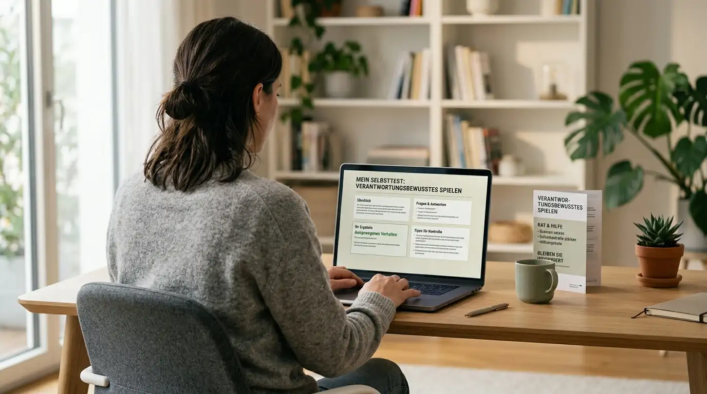 Person am Schreibtisch mit Laptop und Informationsbroschüre zu Spielerschutz