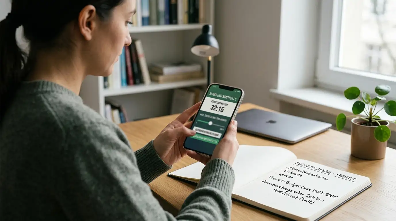 Hand hält Smartphone mit Einzahlungslimit-Einstellung neben Notizbuch mit Budgetplanung