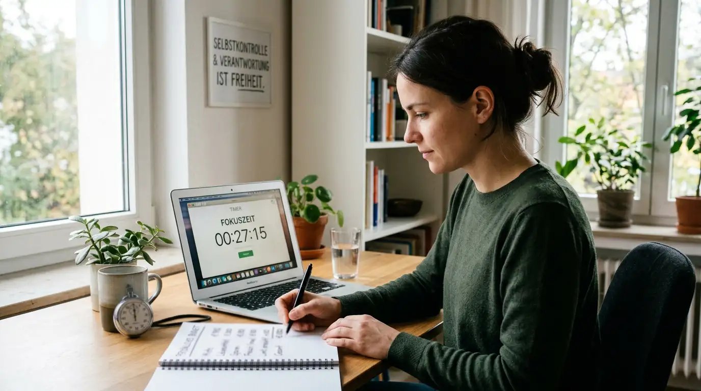 Person setzt sich selbst Limits am Laptop mit Notizblock und Stoppuhr