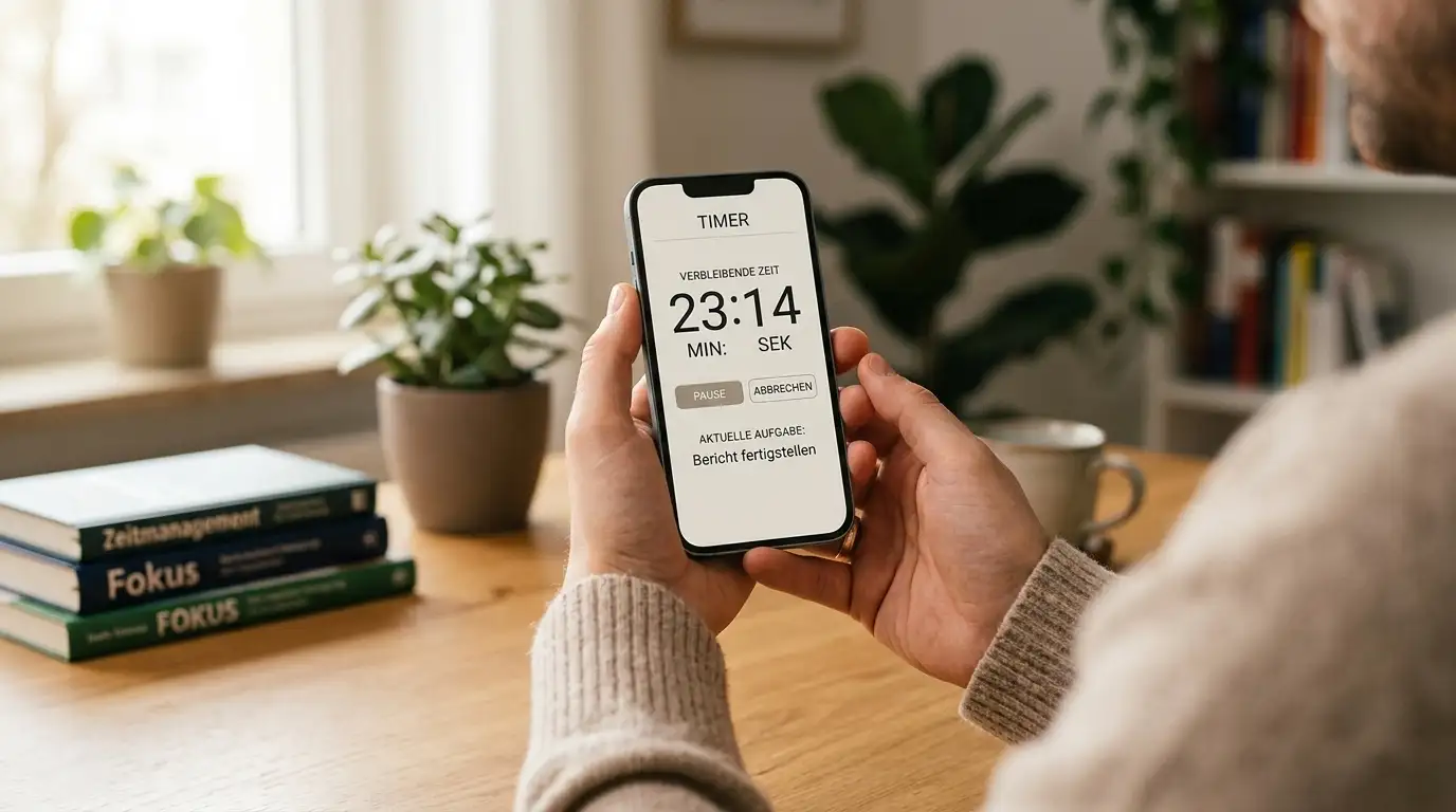 Hände mit Smartphone und Timer-App