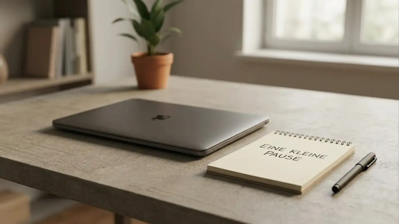 Person an einem aufgeräumten Schreibtisch mit geschlossenem Laptop und Notizblock