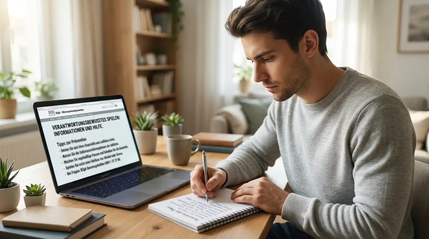 Person mit Notizbuch und Laptop zeigt verantwortungsvolles Spielverhalten