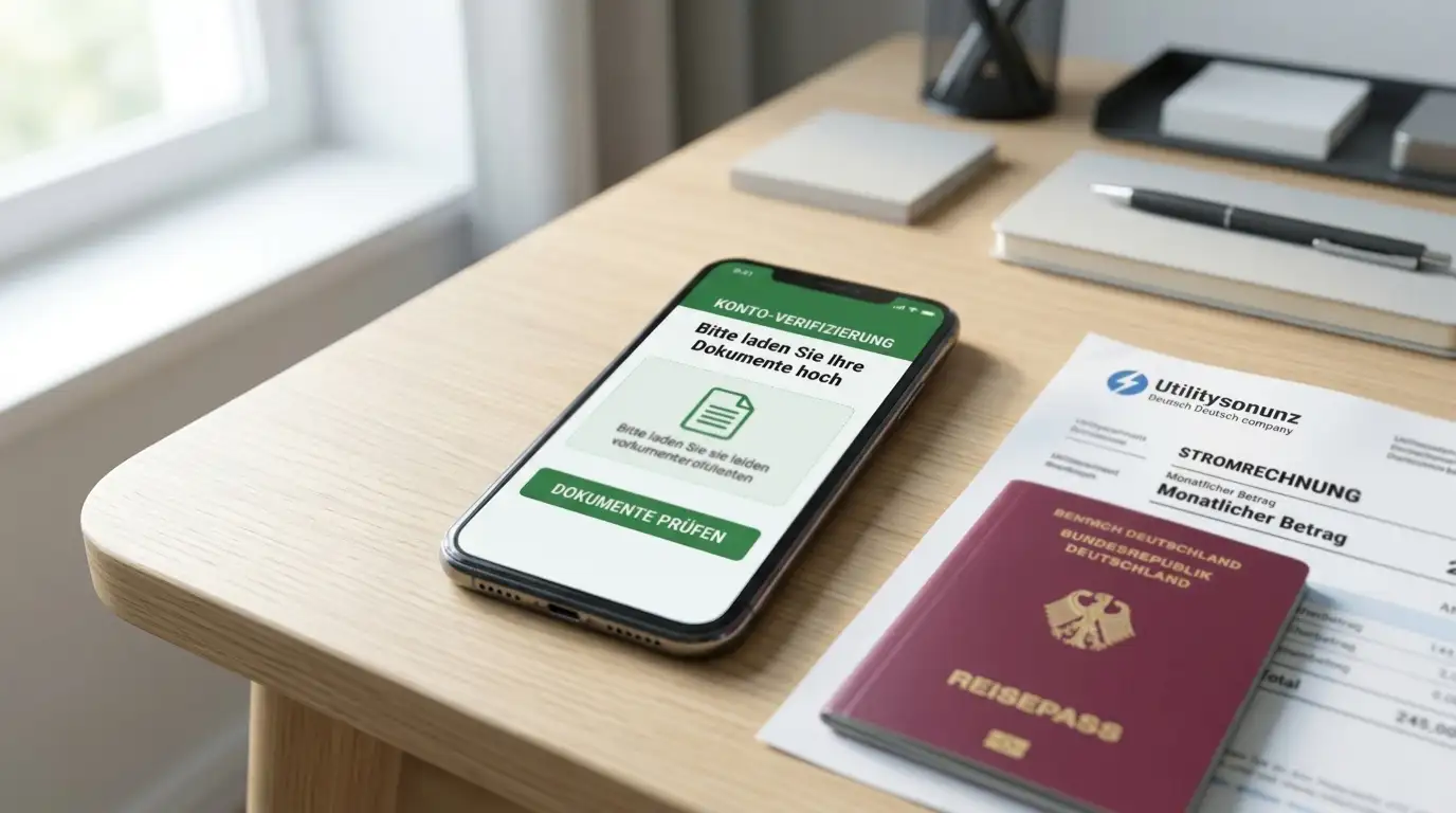Smartphone mit offener Casino-App, Ausweis und Adressnachweis daneben, aufgeräumter Tisch