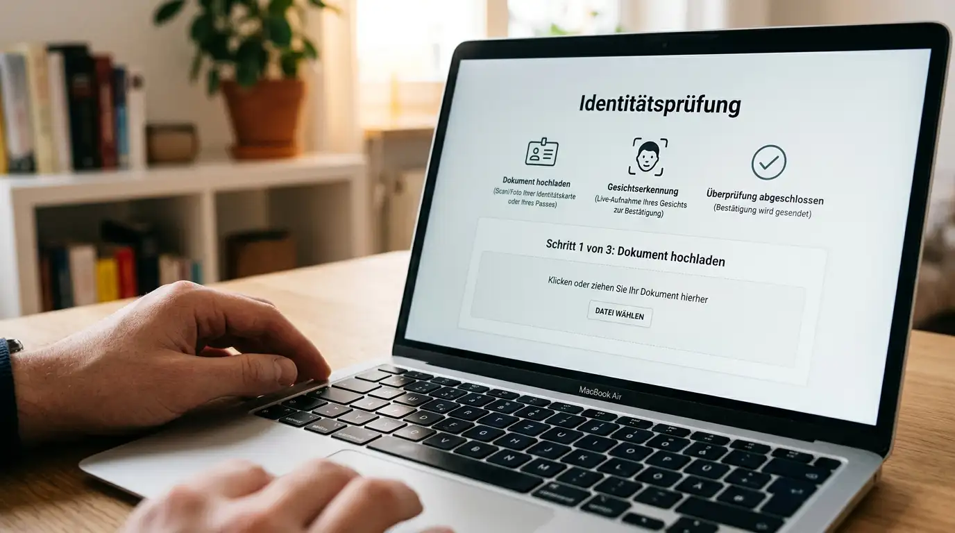 Person prüft Ausweisdokumente neben Laptop für KYC-Verifizierung im Online-Casino