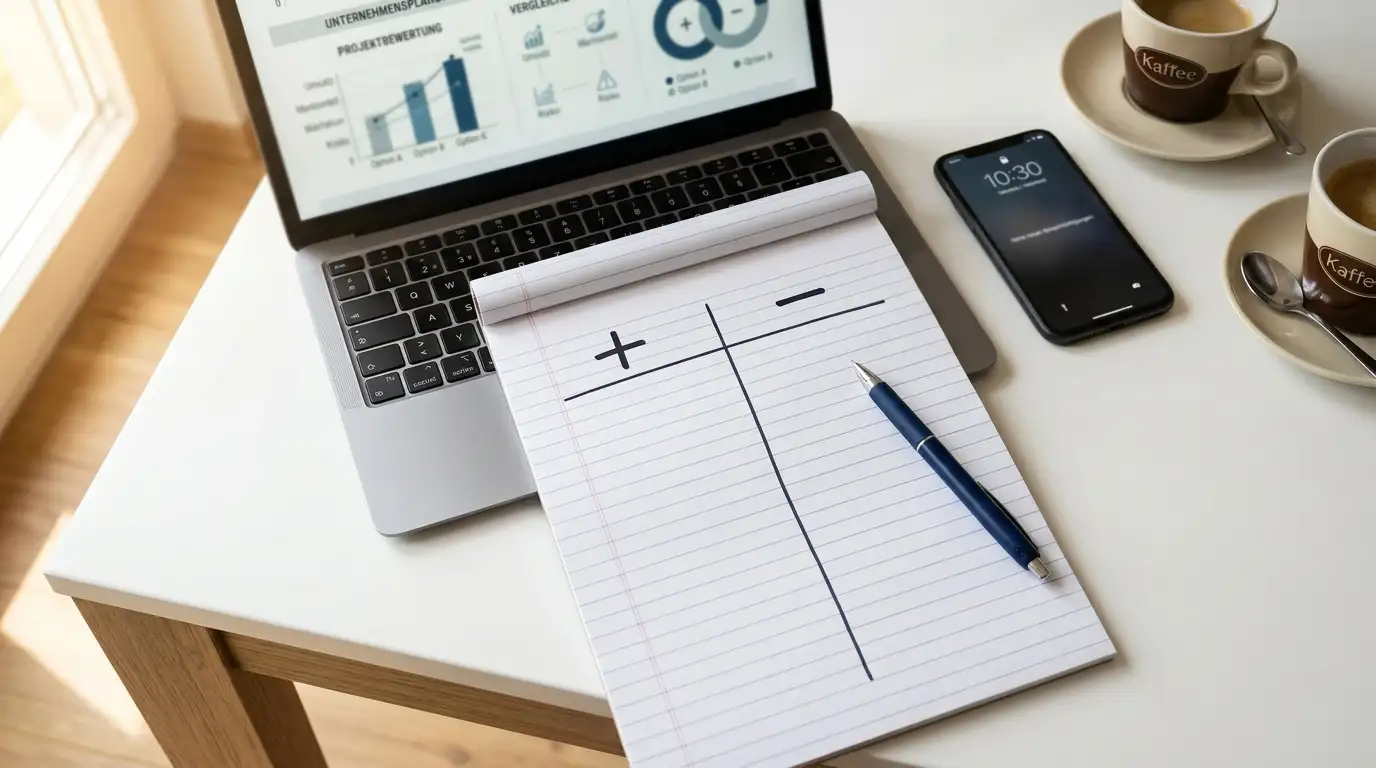 Notizblock mit Vor- und Nachteile-Spalten, Laptop und Smartphone auf Schreibtisch