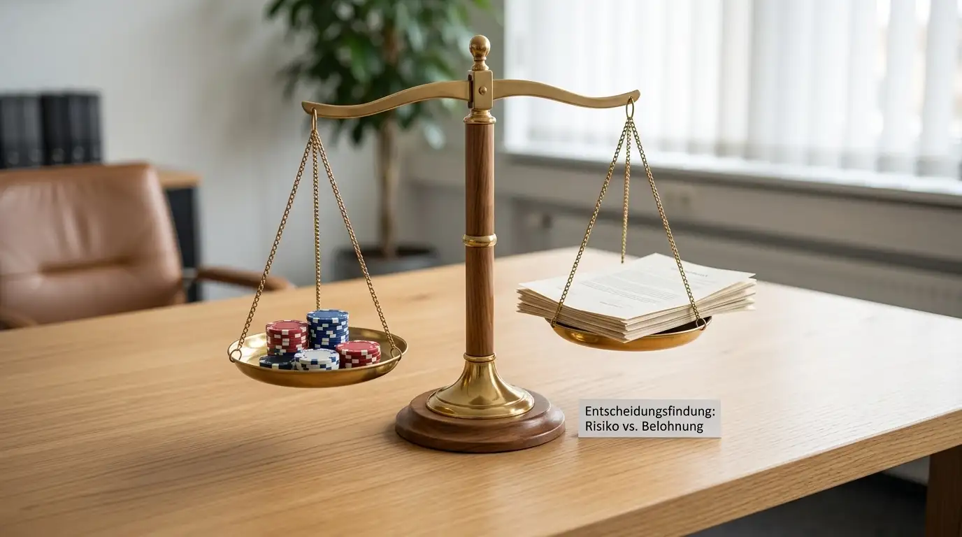 Waage mit Spielchips und Dokumenten symbolisiert Abwägung Freiheit versus Sicherheit