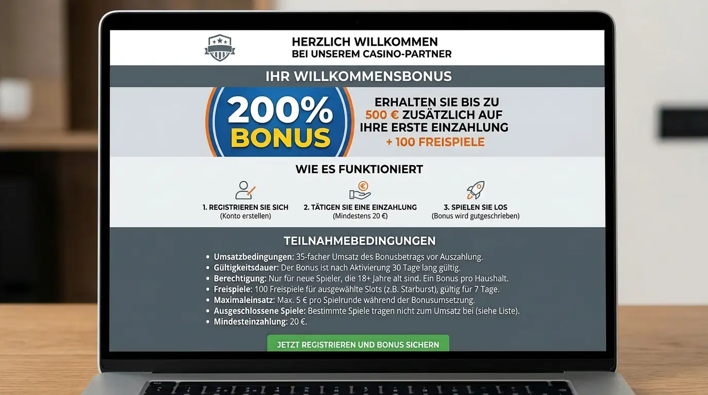 Willkommensbonus-Angebot 100% bis 100 Euro auf Bildschirm mit Umsatzbedingungen