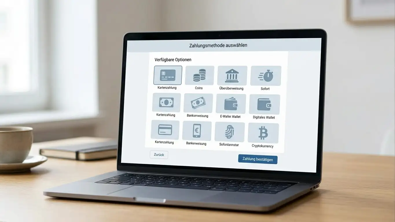 Symbole verschiedener Zahlungswege als ruhige Grafik auf einem Laptop-Bildschirm ohne Markenlogos