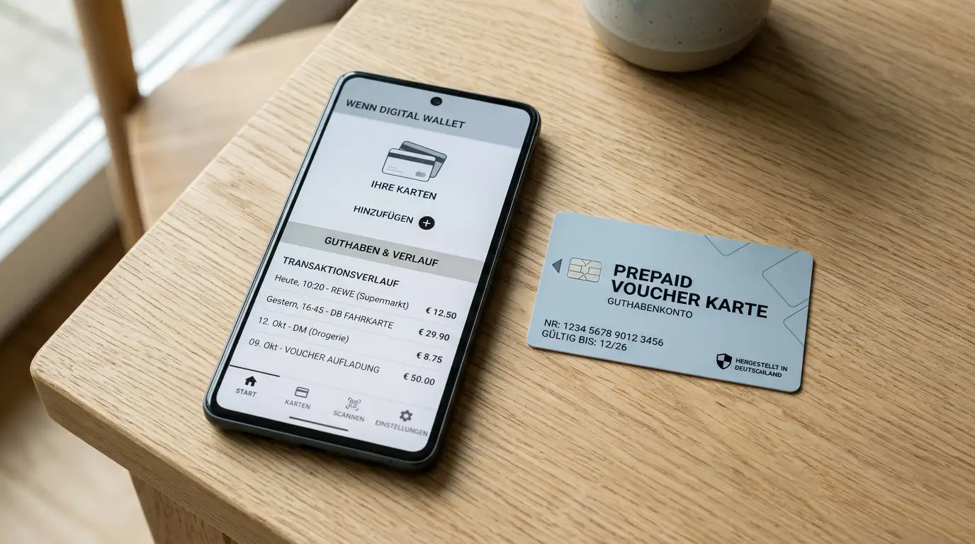 Smartphone mit neutraler Wallet-Oberfläche und Guthabenkarte auf einem Tisch