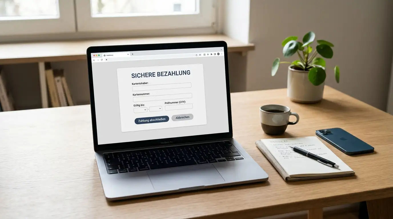 Laptop mit geöffnetem Zahlungsbereich und Notizzettel zum Vergleich der Casino-Zahlwege
