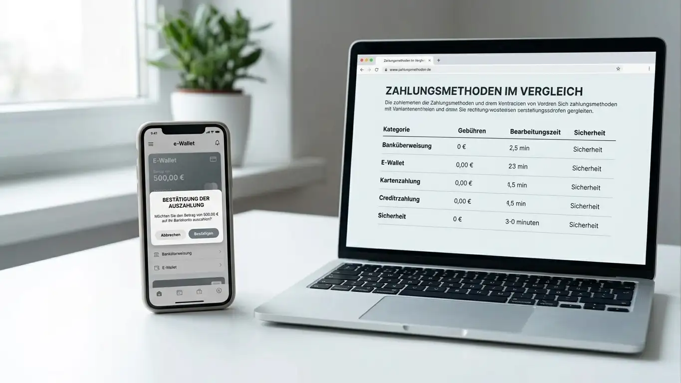 Smartphone mit E-Wallet-App und Auszahlungsbestätigung neben Laptop