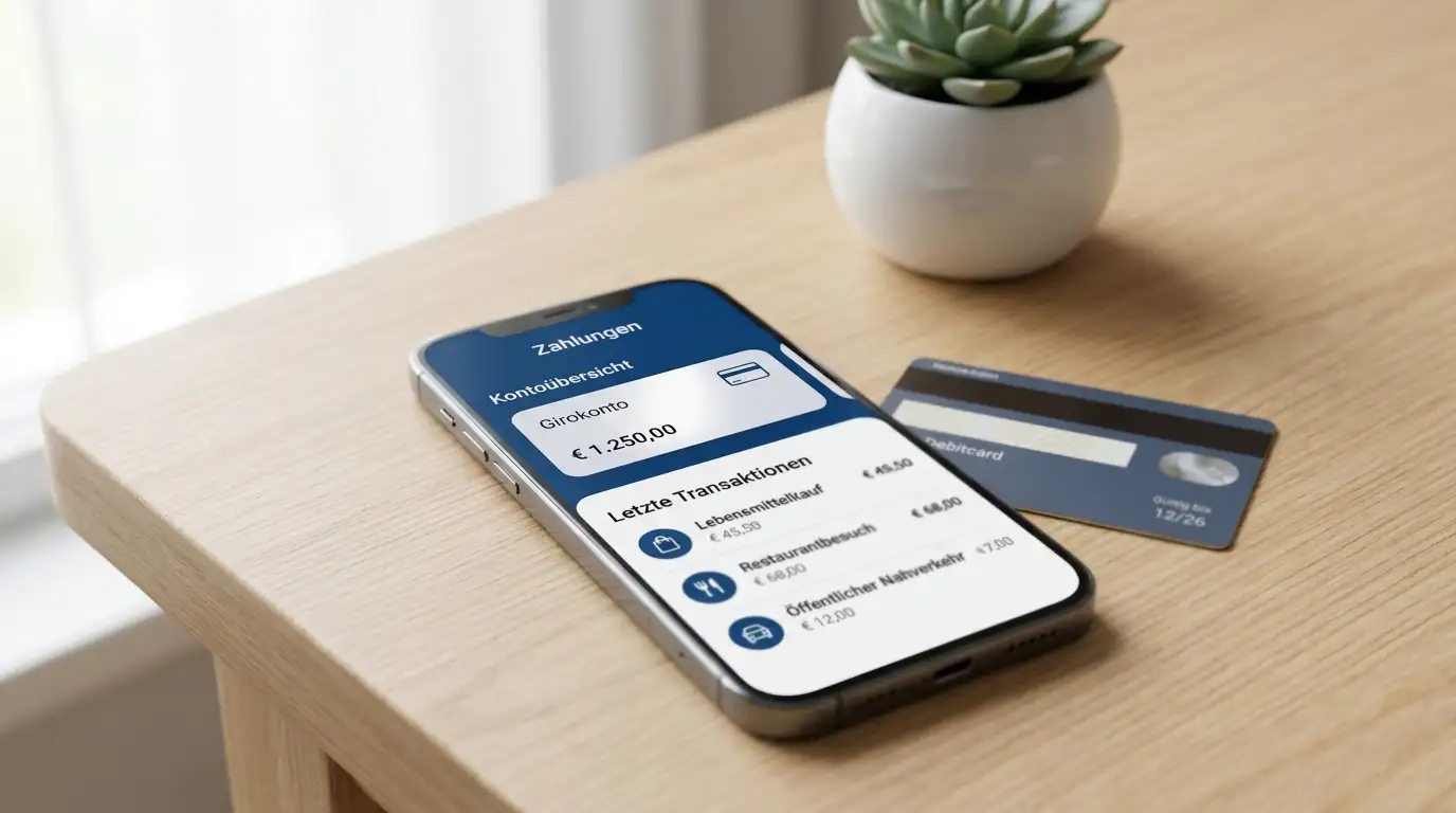 Smartphone mit neutraler Zahlungsapp und generischer Debitkarte auf weißem Tisch
