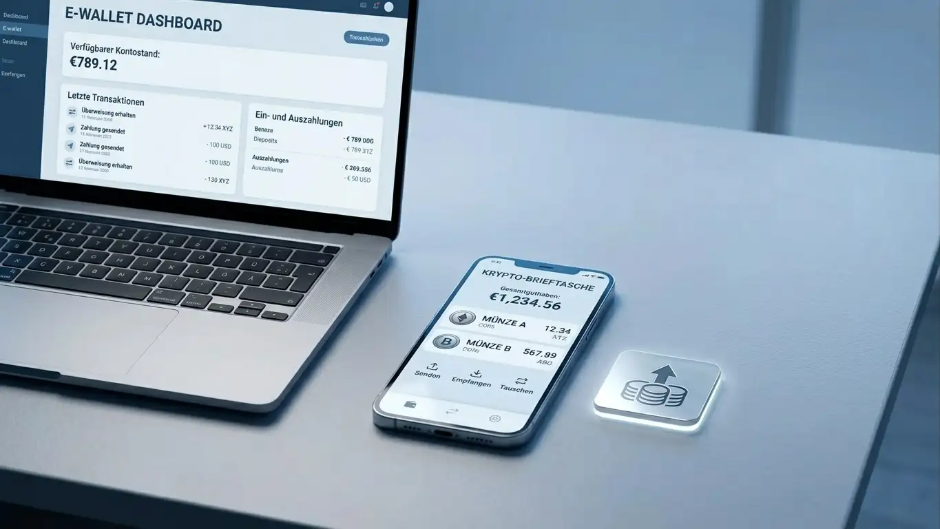Smartphone mit Krypto-Wallet-Interface und Laptop mit E-Wallet-Dashboard, symbolische digitale Zahlungsicons